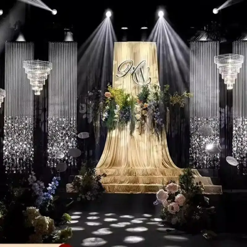 4 PCS Wedding Prop Design Sequin Bead String Acrylic Curtain Wedding Ceiling Faux-Finish Stage Backdrop Column Decoration