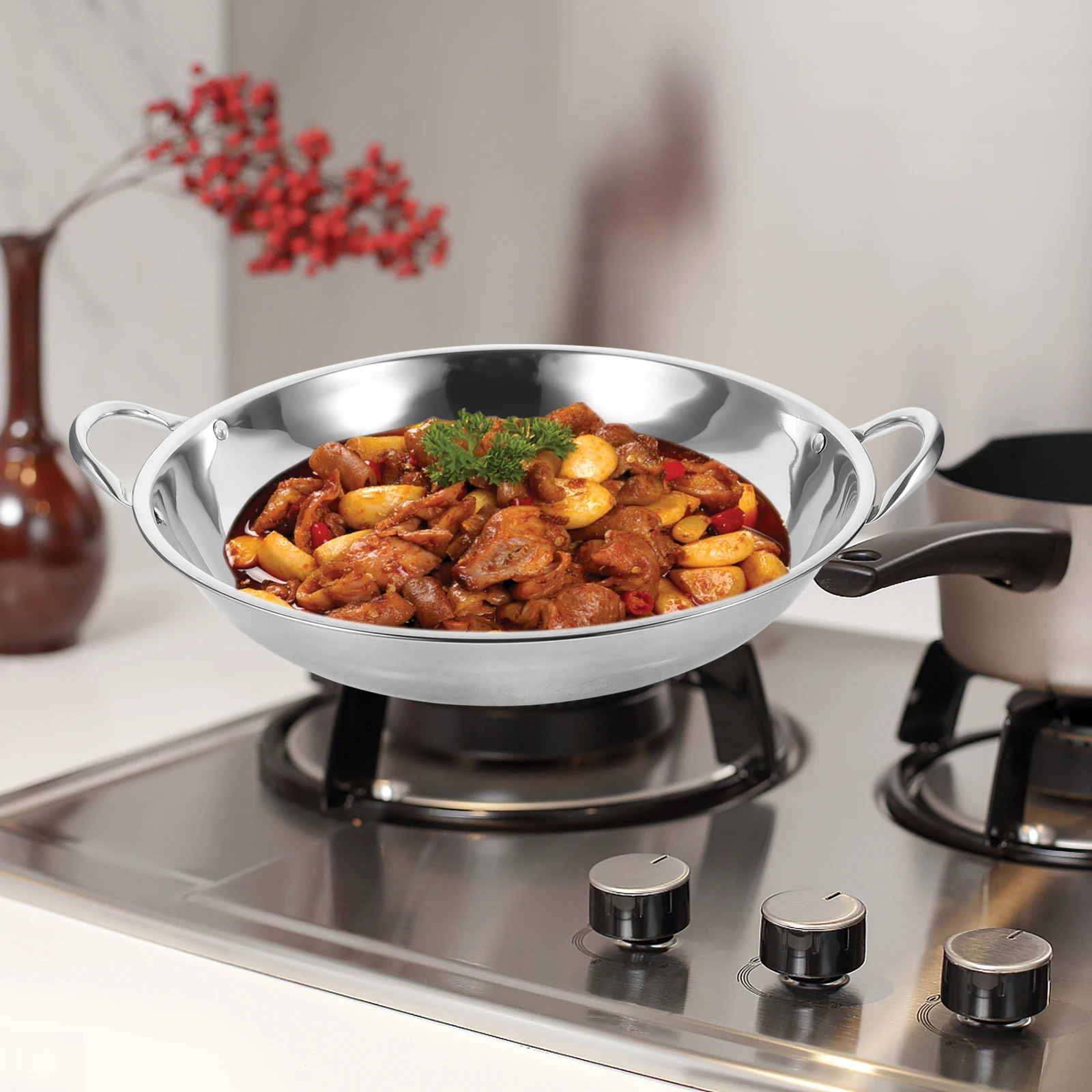 

Stainless Steel Griddle 26cm Dry Hot Pot Pan Large Cooking Pots Single H Vegetable Soup Lid Cookware Durable Heat