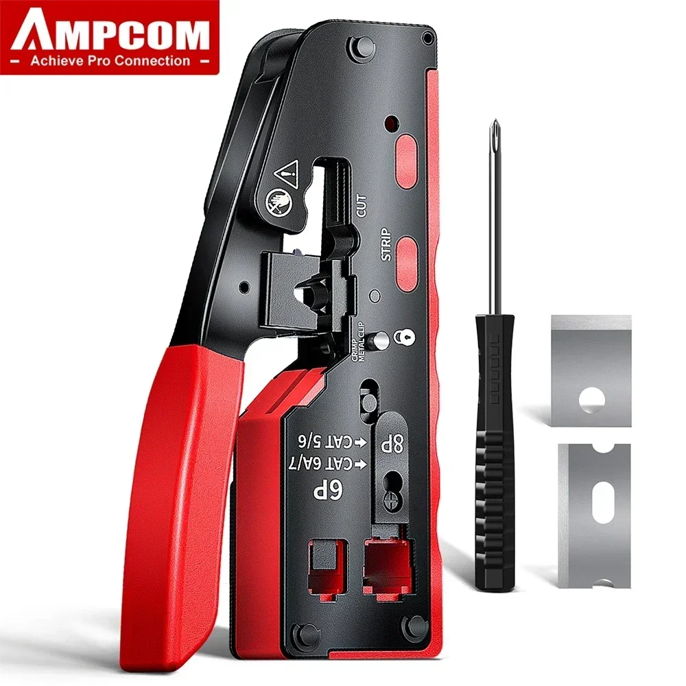 AMPCOM Cat 7 NETWORK CRIMPING Tool CRIMP/CUT/TRIM/STRIP 4 w 1 Współpracuje ze wszystkimi złączami RJ45/RJ11 Narzędzie do zaciskania z dwoma ostrzami