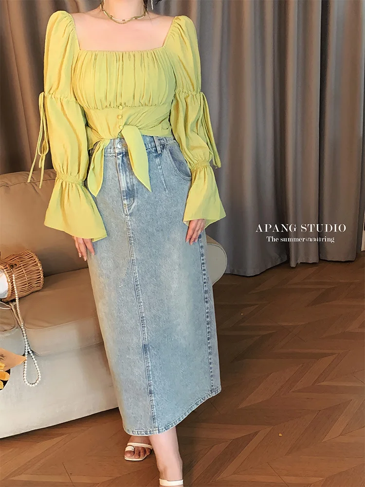 

Elegant Vintage Slimming Denim Skirt Simple Fashionable plus Size Women's Clothing Commute Style A-Line Long Skirt
