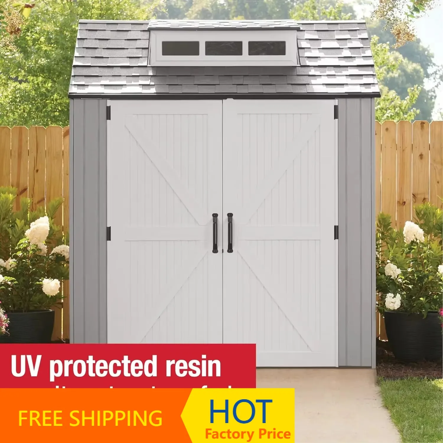 

Уличный сарай для хранения из полимерной смолы по заводской цене с полом (7 x 7 футов), устойчивый к погодным условиям, серый, для дома/двора/сада