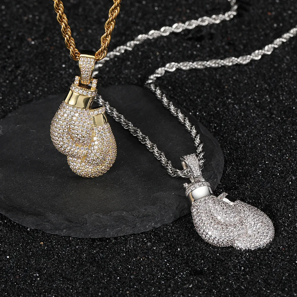 Iced Out Boxing Glove Pendant Necklace, Hip Hop Rhinestone Chain, Statement Jewelry Gift for Men