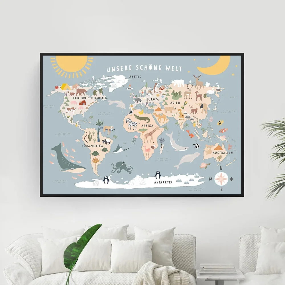 Scandinavian Children\'s Room Wall Art Animal World Map HD Canvas Oil Painting Posters and Prints Home Bedroom Living Room Decor