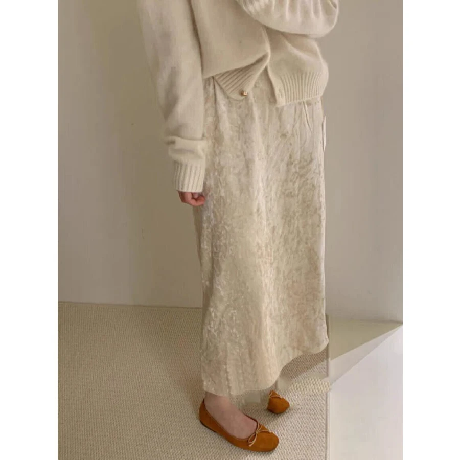 New Chinese Sle Velvet Long f Skirt Autumn 2024 Elastic Waist Hiding Hip Slimming Bodycon Skirt Vintage A-Line Silhouette