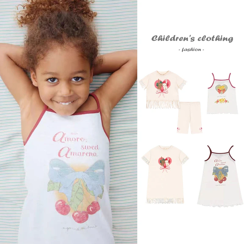 

Summer Kids Dress 2025 KS Cherry Printed Girls' Dress Sundress Tassel Girls' T-shirt Tight Pants Set Casual Children's Clothing