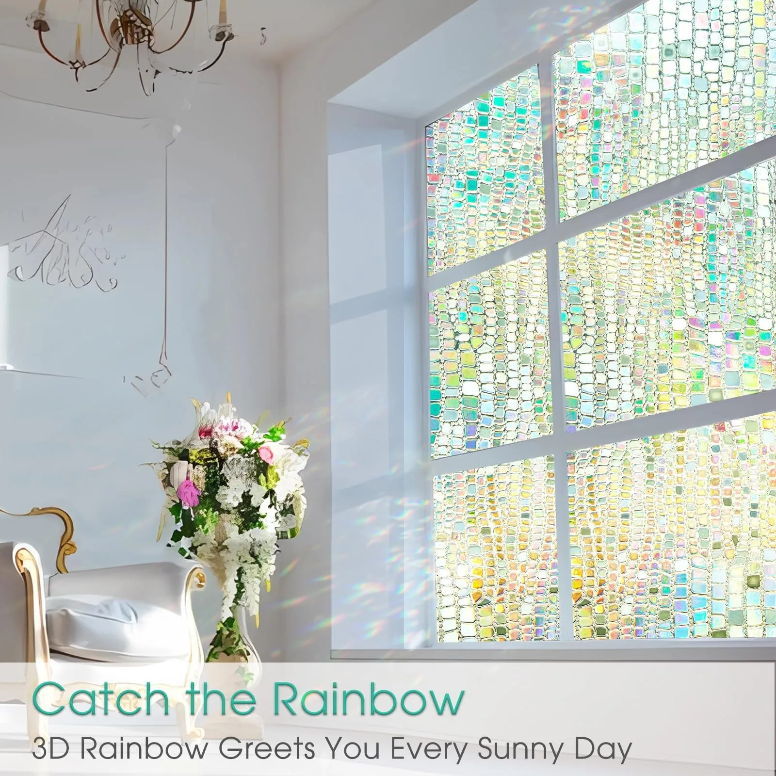3D Rainbow Prism Stained Glass Privacy Window Film Heat Control Static Cling Removable for Home Bathroom Glass Door