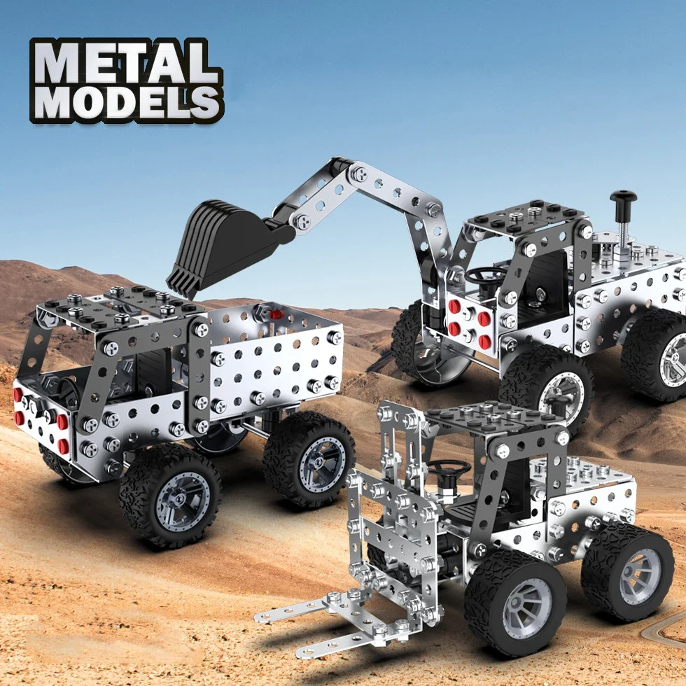 3D Metal Forklift Building Blocks para crianças, brinquedo de montagem, carro de engenharia, parafuso de liga, porca