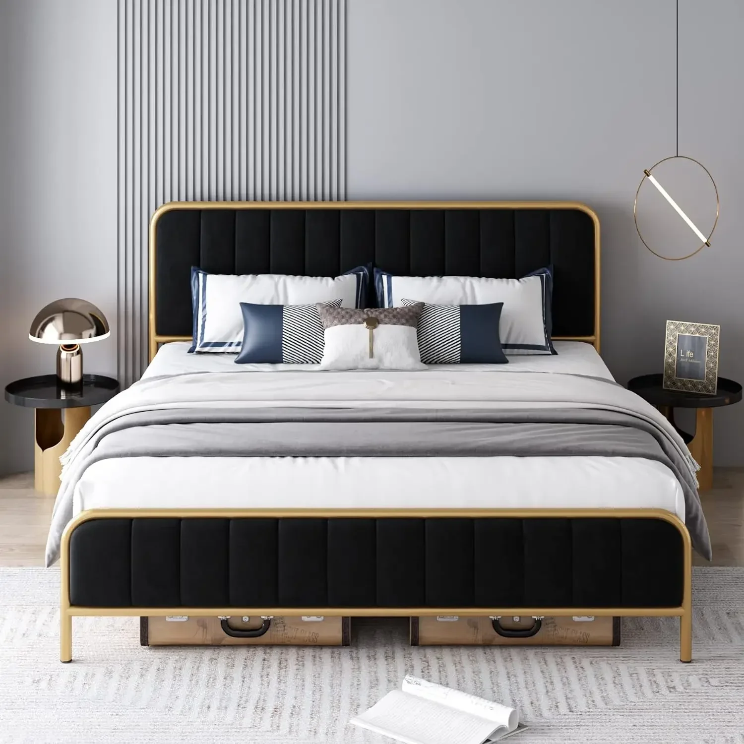 

Queen Size Bed Frame, Upholstered with Button Tufted Headboard, Heavy Duty Metal Mattress Foundation with Wooden Slats