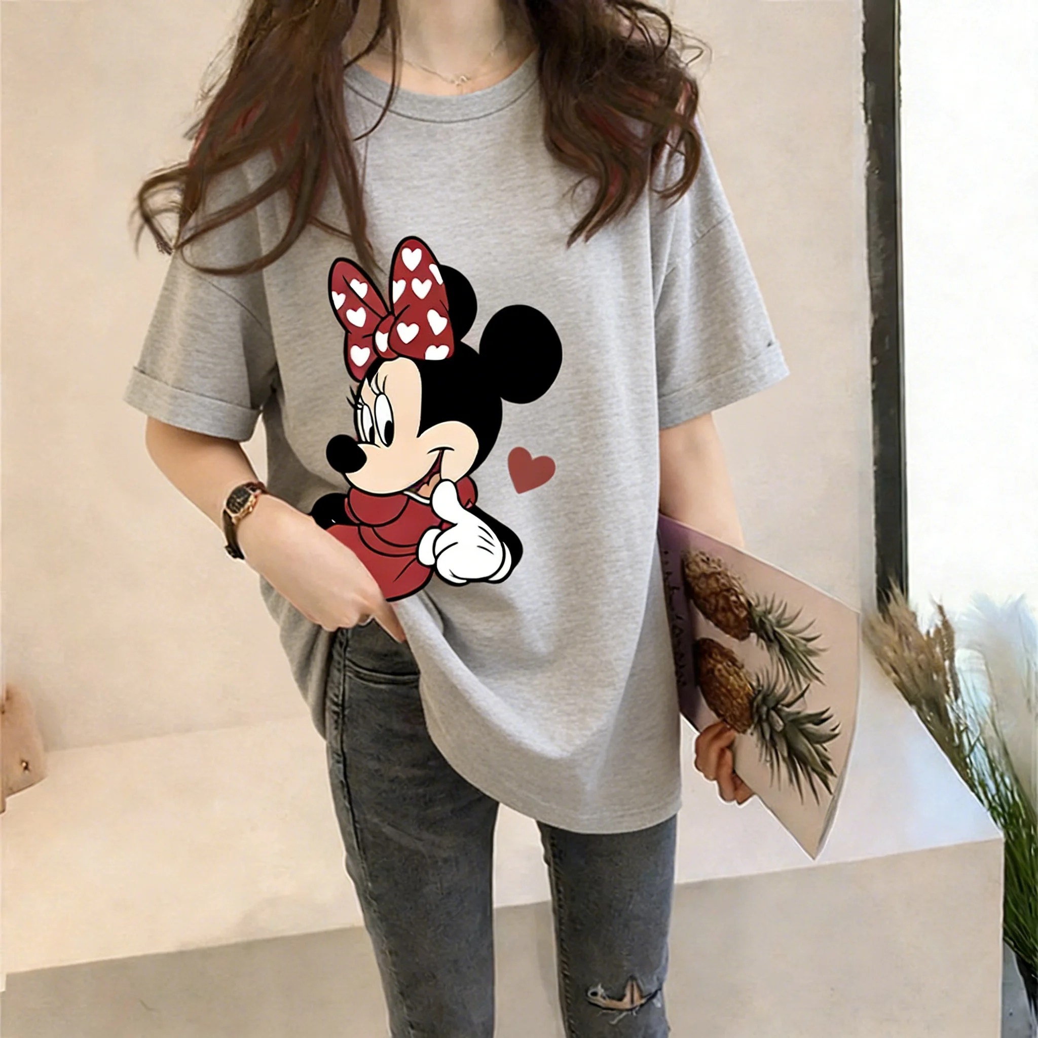 

Disney Mickey Minnie Graphic Print T Shirt Women 2026 Summer Casual Cotton Top Vintage Cartoon Streetwear Daily Wear Fashion Tee