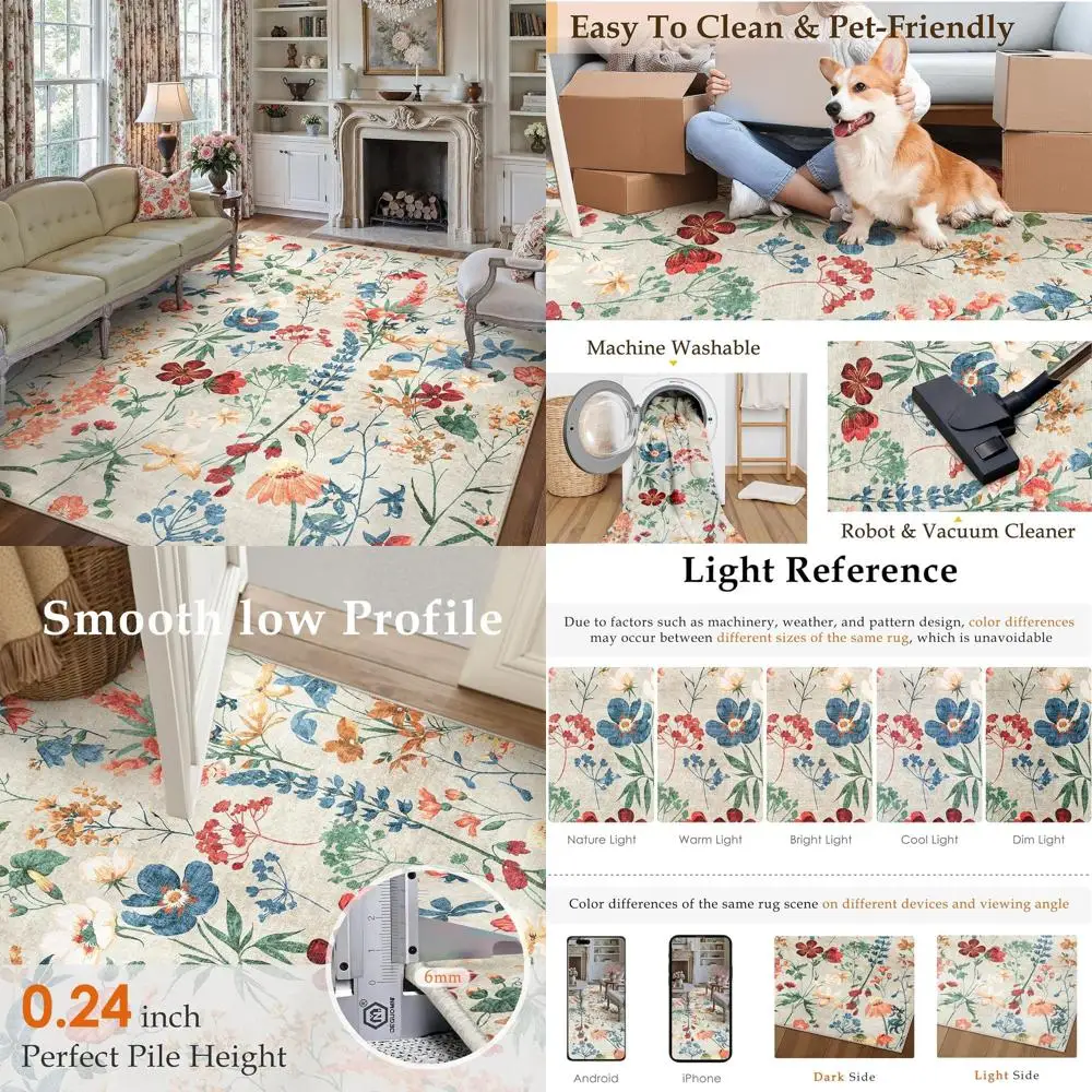 

Lightweight Beige Boho Area Rug 5x7, Washable, Non-Slip, Low Pile for Living Room, Kitchen, Bedroom, and Dining Room