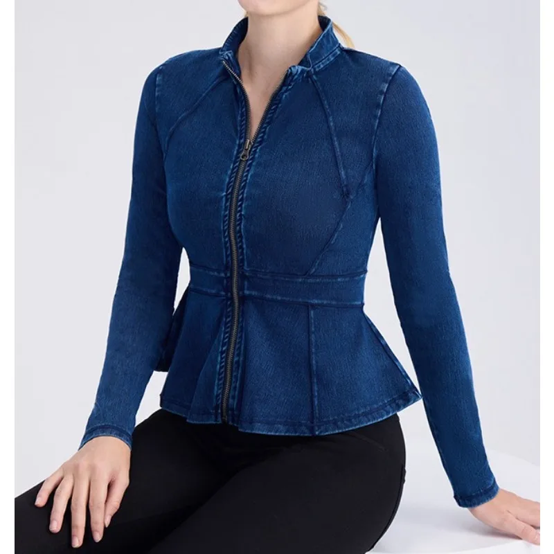 

Autumn and Winter New Denim Yoga Zipper Jacket, High Collar and Thin A-shaped Hem Sports Wear Fitness Long-sleeved Top