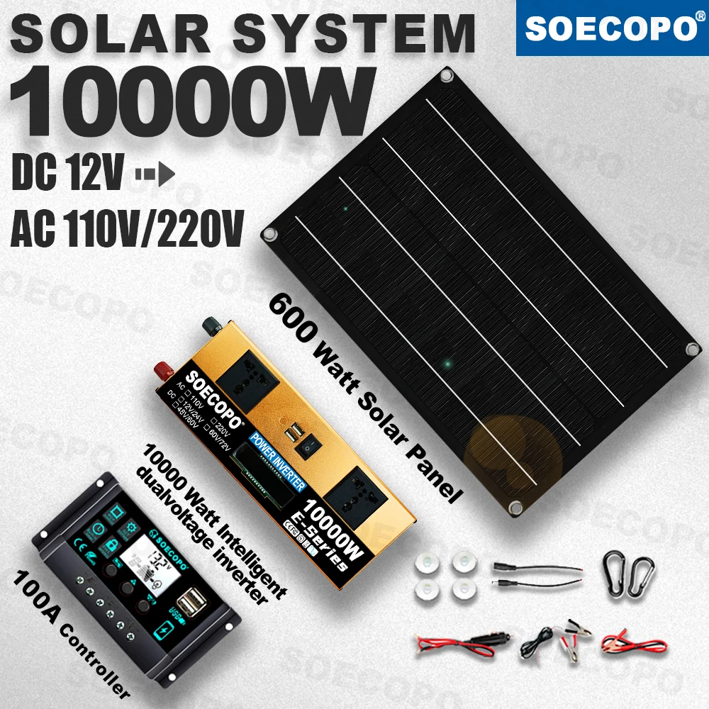 

SOECOPO 10000W Photovoltaic System 12V to 110V/220V Inverter 600W Panel 100A Controller for Off-Grid Home, RV & Camping portable
