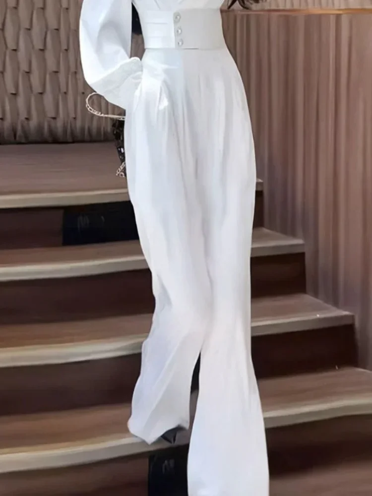 Chemisier et pantalon à jambes larges pour femmes, surintendant, formel, printemps, automne, affaires, ensemble 2 pièces, chemise blanche, vêtements esthétiques