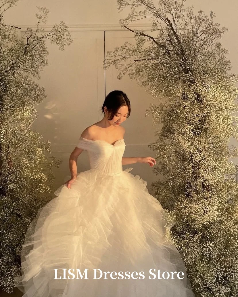 LISM Off Shoulder Fairy Korea Wedding Dresses A-Line Customized Silk Tulle Long Elegant Bridal Gowns 결혼식 드레 Photo Shoot