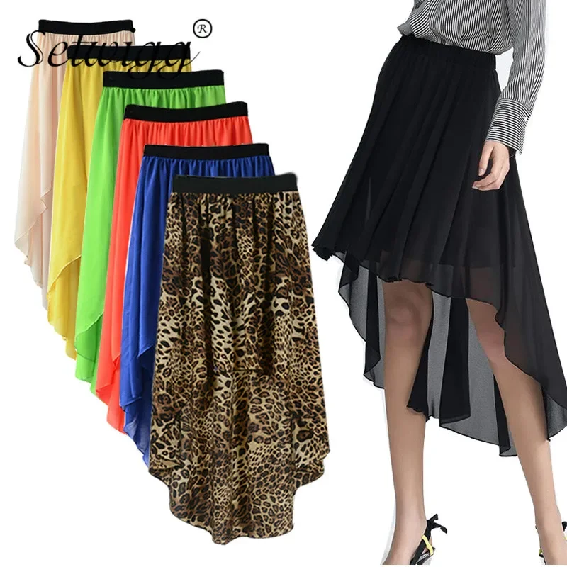 Summer Chiffon Skirts Womens Fashion Asymmetrical Long Skirt  Elastic Waist Solid High Low Calf Long Chiffon Skirt Purple Pink