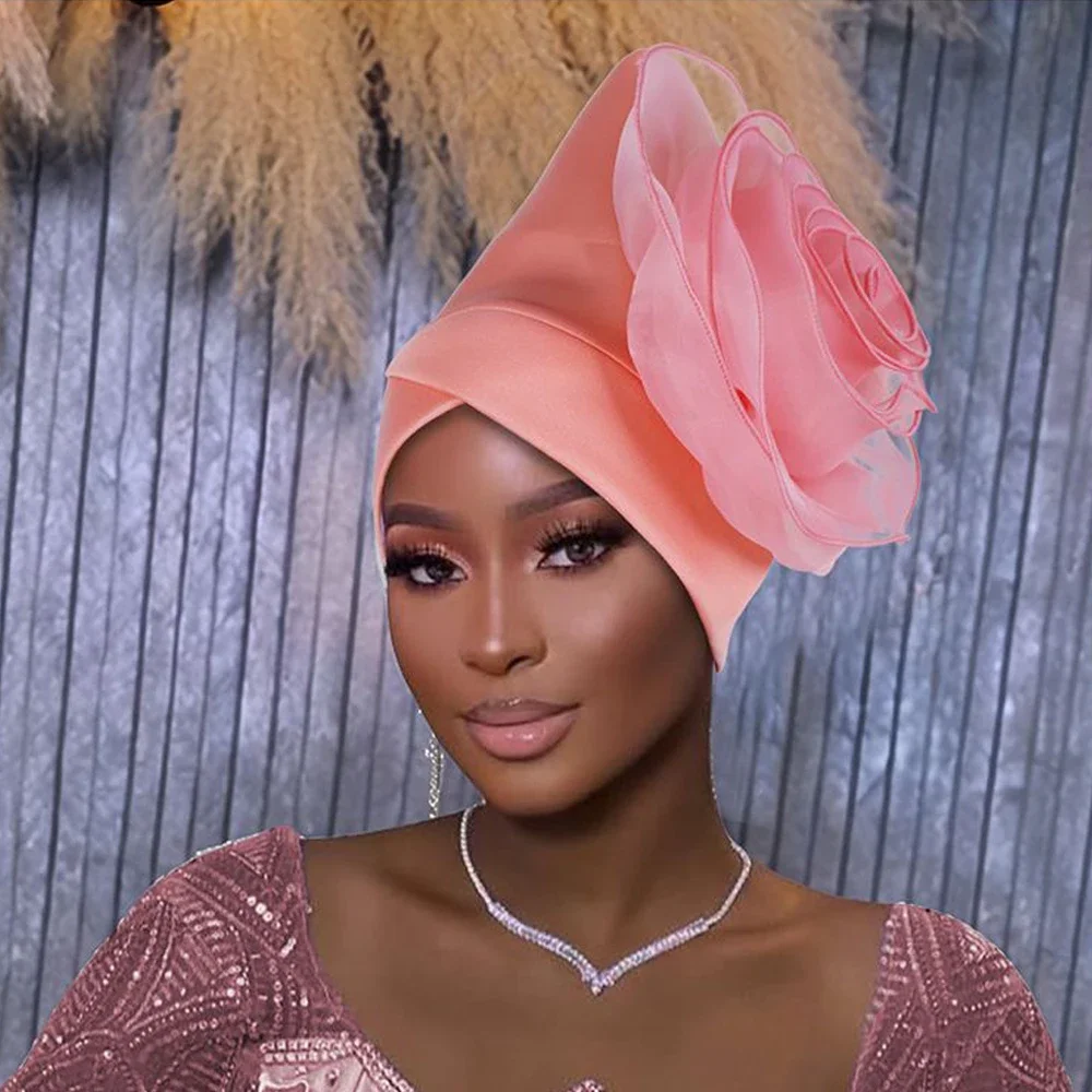 

Кепка-тюрбан с большим цветком для женщин, мусульманский хиджаб, капот, африканский авто геле, головной убор, Нигерия, свадебная вечеринка, головной платок Geles, повязка на голову