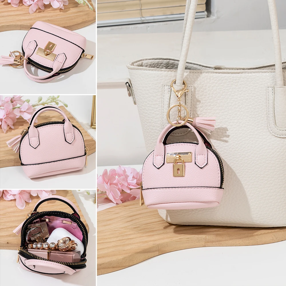 13 Colors Mini Shell Handbag Keychain, Women's PU Leather Coin Purse, Portable Earphone Organizer Bag, Cute Bag Charm Pendant