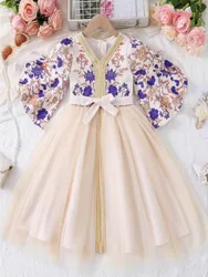 Muslim Kids Girls Abaya Party Dress Flower Print Long Robe Sashes Eid Ramadan Islam Dubai Kaftan 2025 Children Vestidos Jalabiya