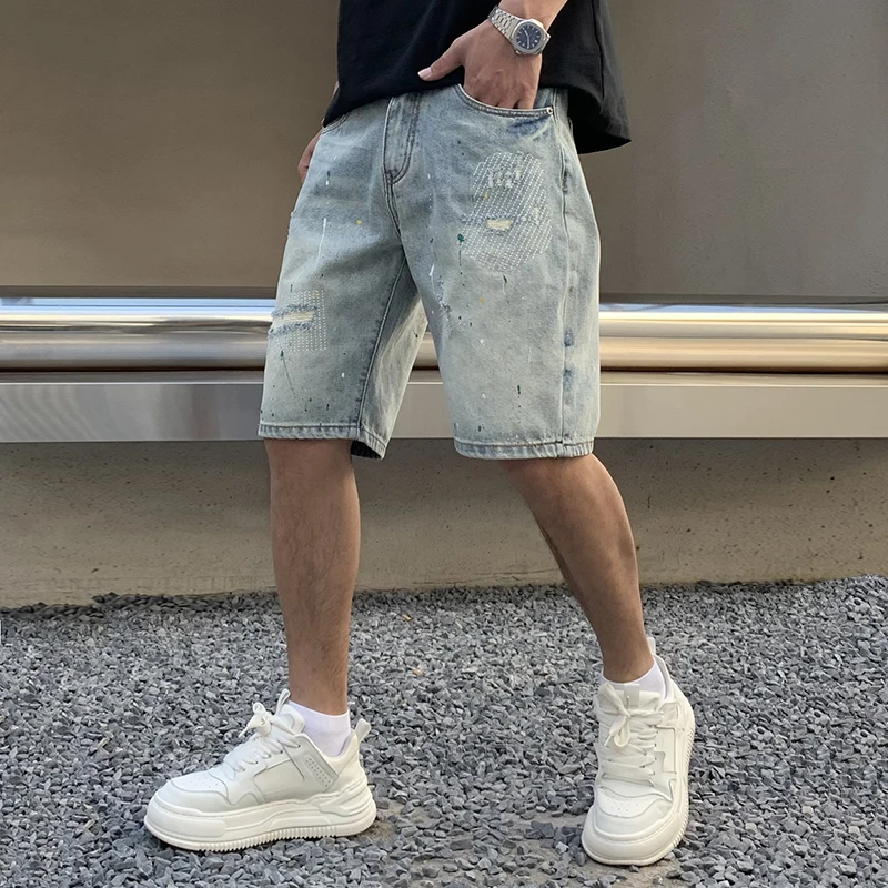 New High-End Retro Washed Splashed Denim Shorts Men Straight Trendy Embroidery Versatile Wear-Resistant Hole Torn Denim Capris