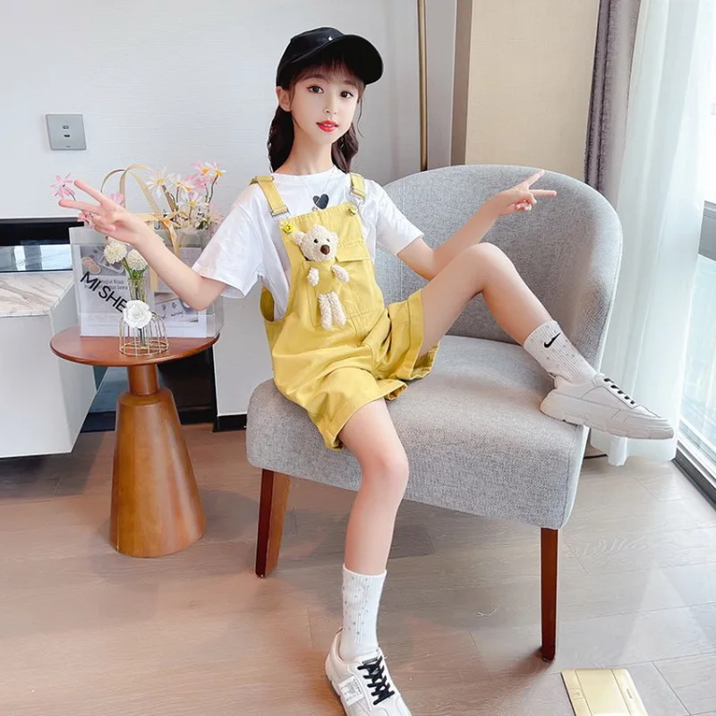 Candy Colored Overalls for Girls Summer High Waist Shorts Kids Clothing Casual Teenage Children Wear Rompers Jumpsuits with Bear