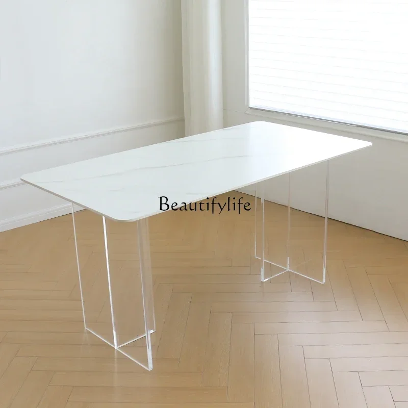 

z.FG40Acrylic Stone Plate Dining Table Modern Simple and Light Luxury White Suspension Island Table Long Square Table