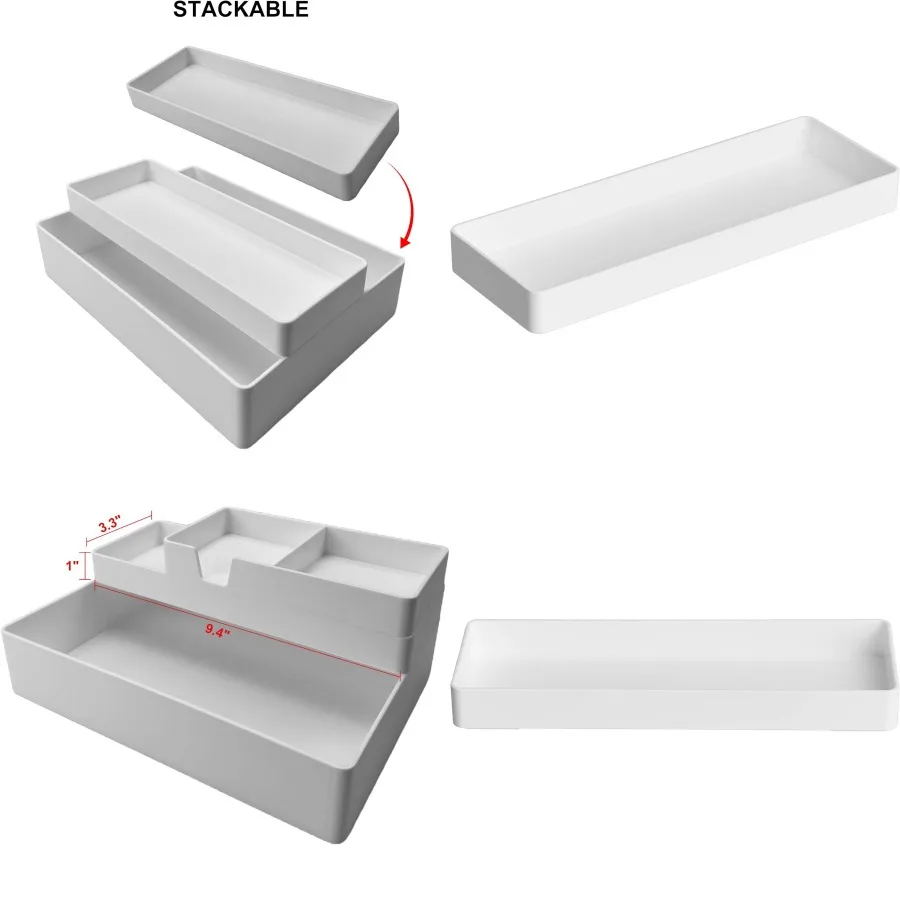 

Прямоугольный пластиковый настольный органайзер, половина лотка для аксессуаров для офиса и домашнего использования, 9,4 x 3,3 x 1, белый цвет, компактное хранилище Soluti