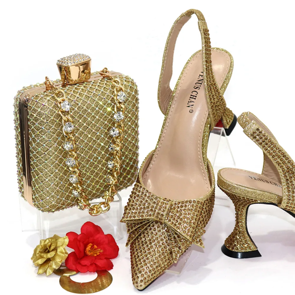 Venus Chan Gold 2024 Heels for Women Pointed Toe With Bows Gold Color Rhinestone  Elegant Party Wedding Shoe and Bag Set