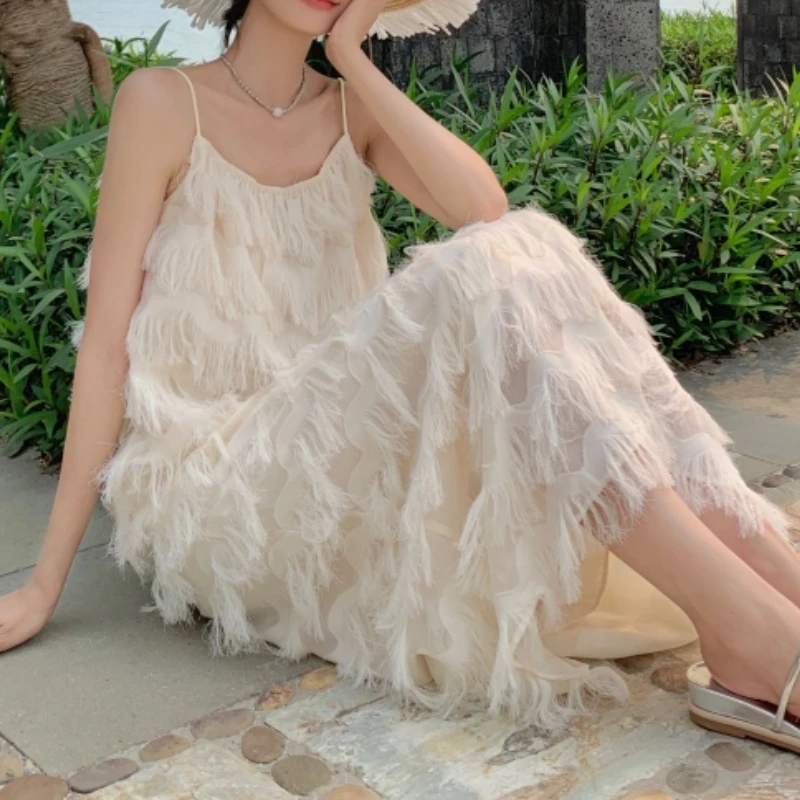 Bohemian Tank Dress Women's Loose-Fit French Riviera Vacation Beach Elegant Long Dress Summer 2024 New Style