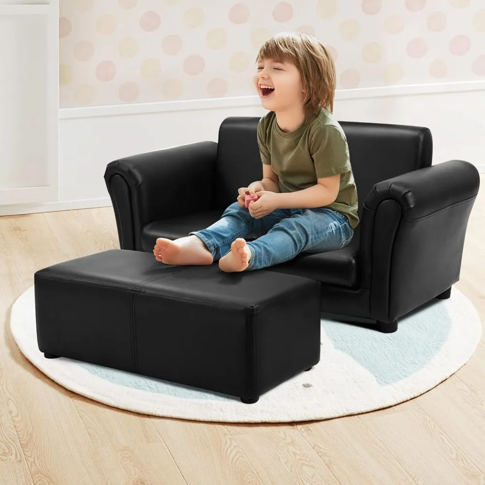 Kids Sofa, 2 Seat Toddler Couch Lounge Bed with Ottoman, Sturdy Wood Construction, Children PU Leather Upholstered