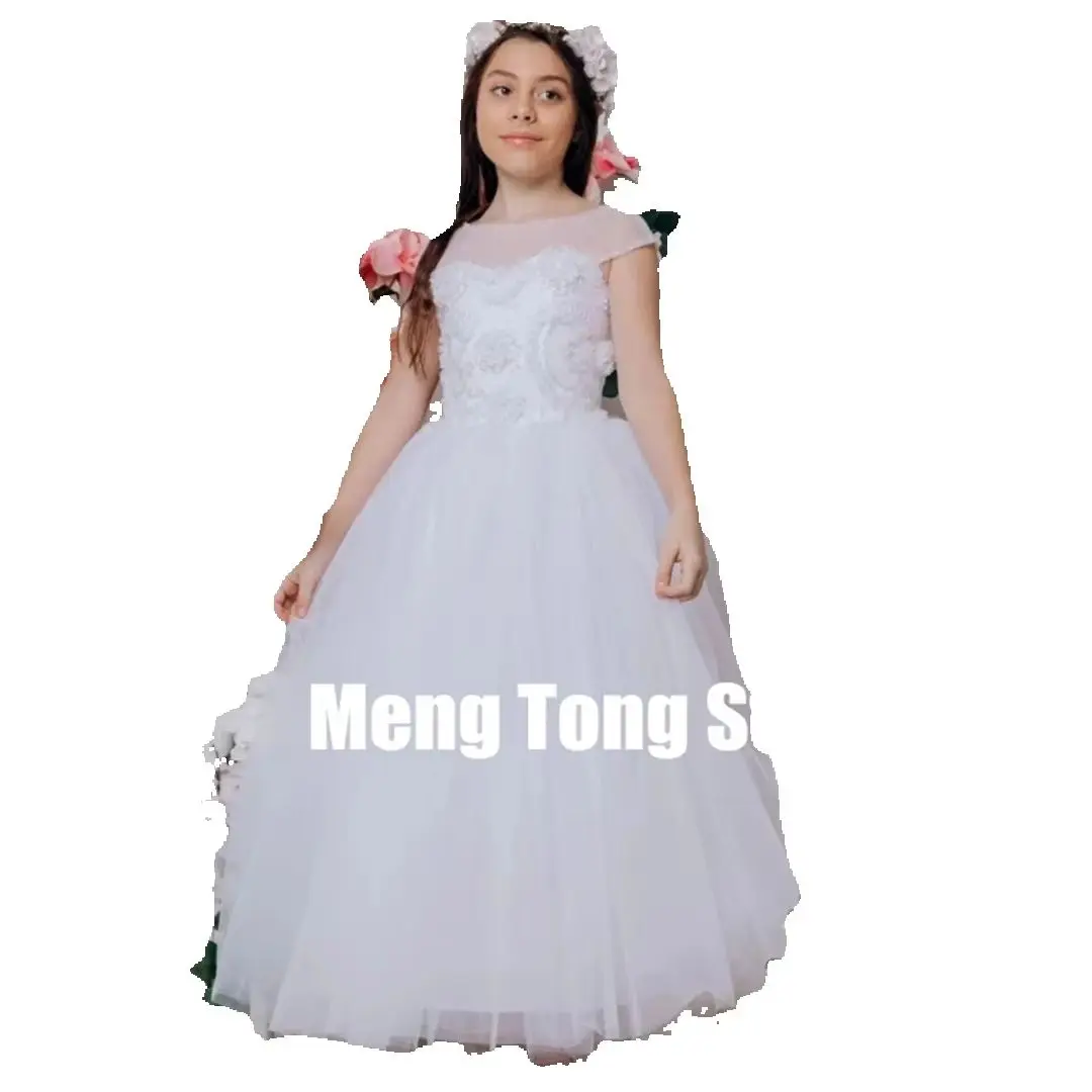 カスタマイズされた結婚式誕生日フラワーガールドレスチュール花アップリケノースリーブパーティーウエディング宴会プリンセスガウン