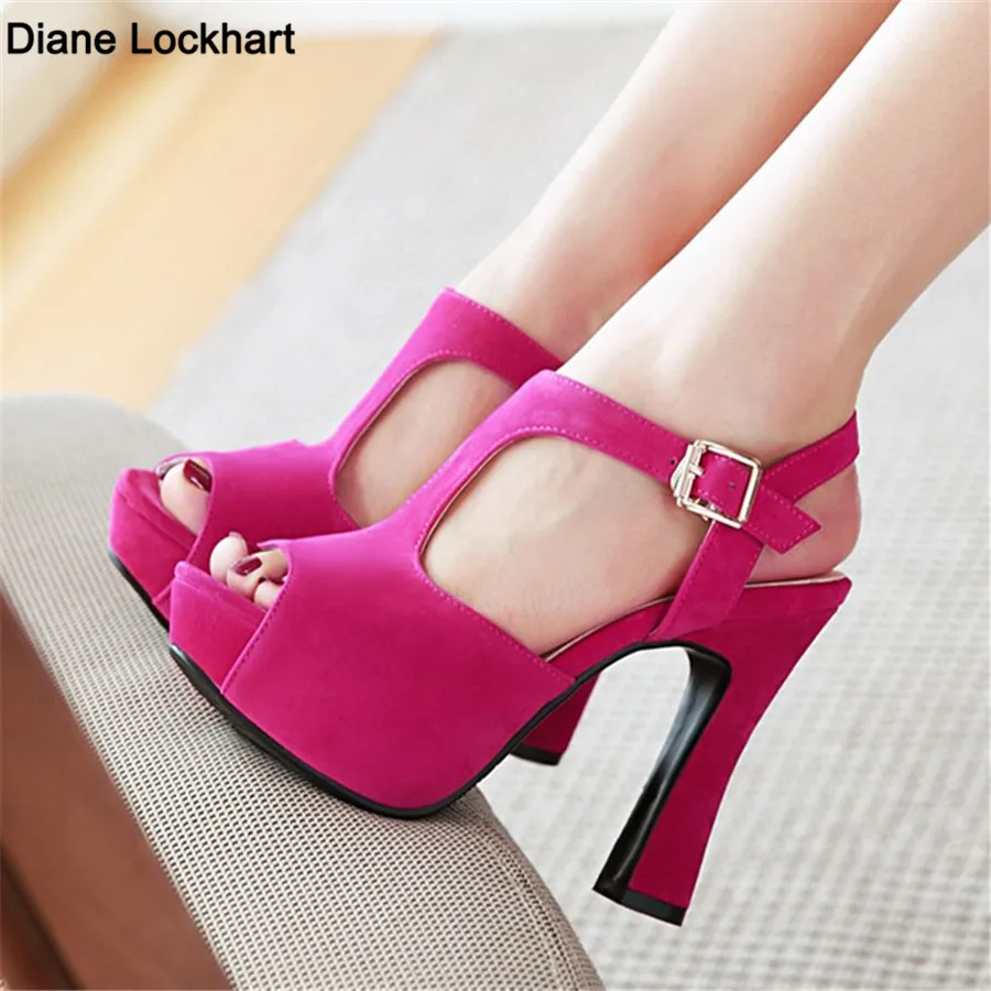 Summer Women Platform Sandals Block High Heels Fish Mouth Black Rose Red T-strap Buckle Dress Office Gladiator Ladies Shoes32-43