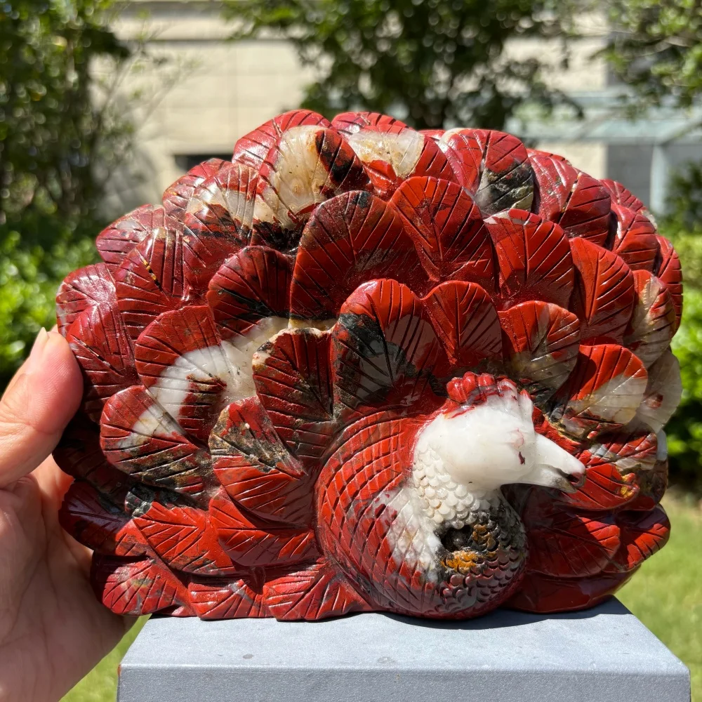 2.7kg Natural Red Jasper Peacock Open Tail Crystal Carving Hand Carved Stone Statue Prosperity Symbol Home Decor Healing Crystal