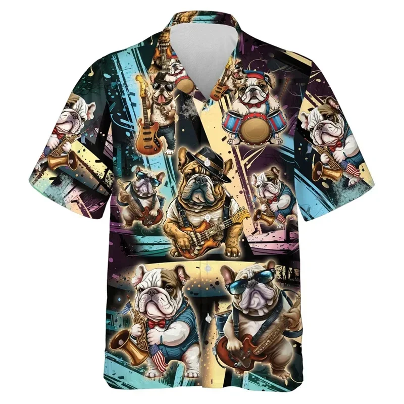 สุนัขเพลงพิมพ์ 3D ของผู้ชาย เสื้อยืดแขนสั้นพร้อมสุนัขและสัตว์เลี้ยงกราฟิกที่น่าสนใจ เสื้อเชิ้ตคอปกคิวบาแขนสั้น