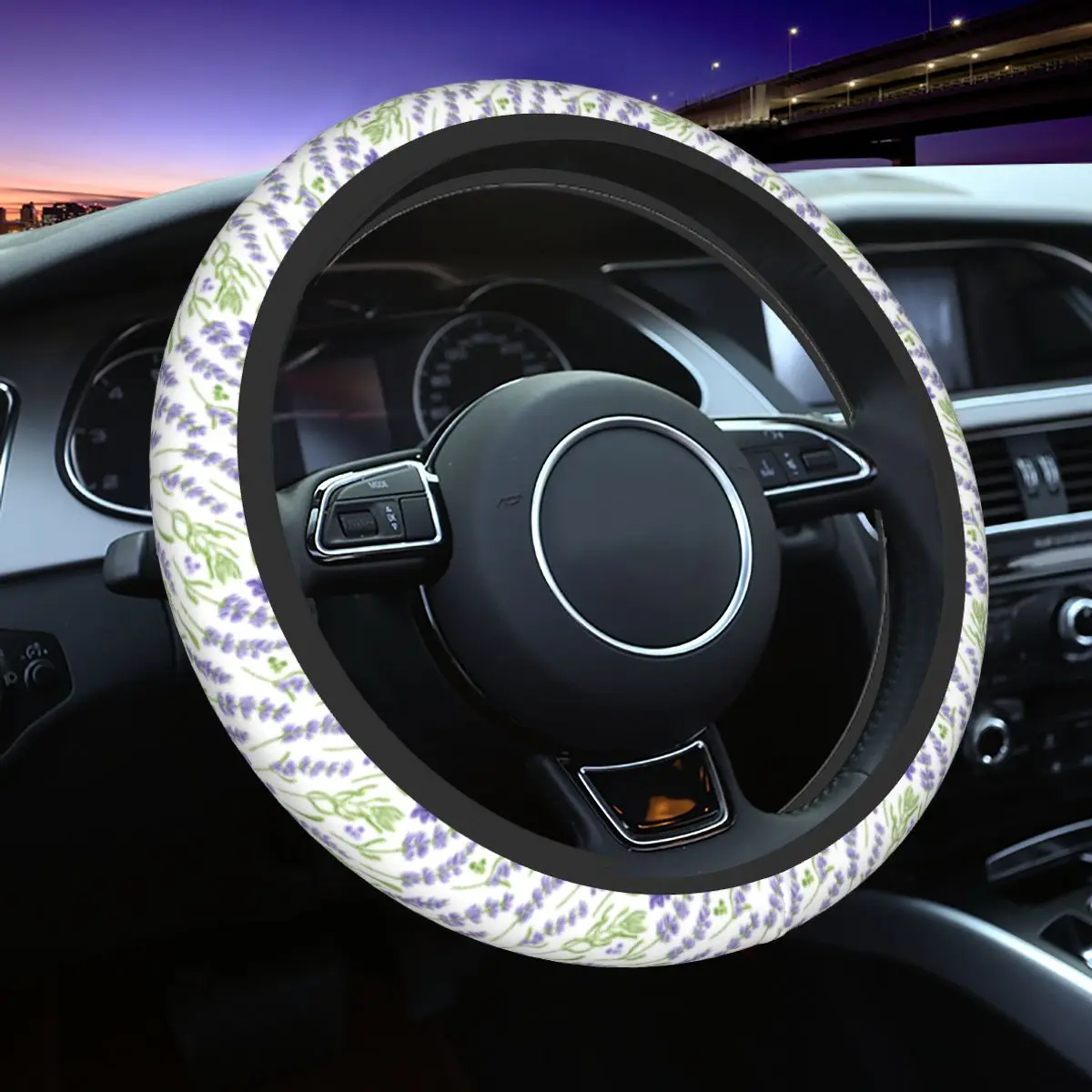 Lavender Flowers And Leaves Car Steering Wheel Cover 38cm Anti-slip Steering Wheel Protective Cover Suitable Car Accessories