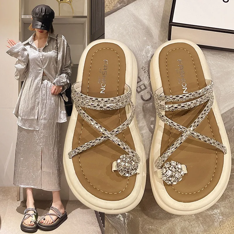 Water Diamond Sandals Women\'s Toe Set Soft Sole Fashion Thick Sole Sandals Fairy Style Soft Sole Diamond Toe Set Slippers