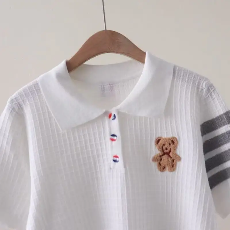Women Cartoon Embroidery Short Sleeve Knit T-shirt Summer Chic Striped Slim Tops Preppy Style Button Turn-down Collar Pullovers