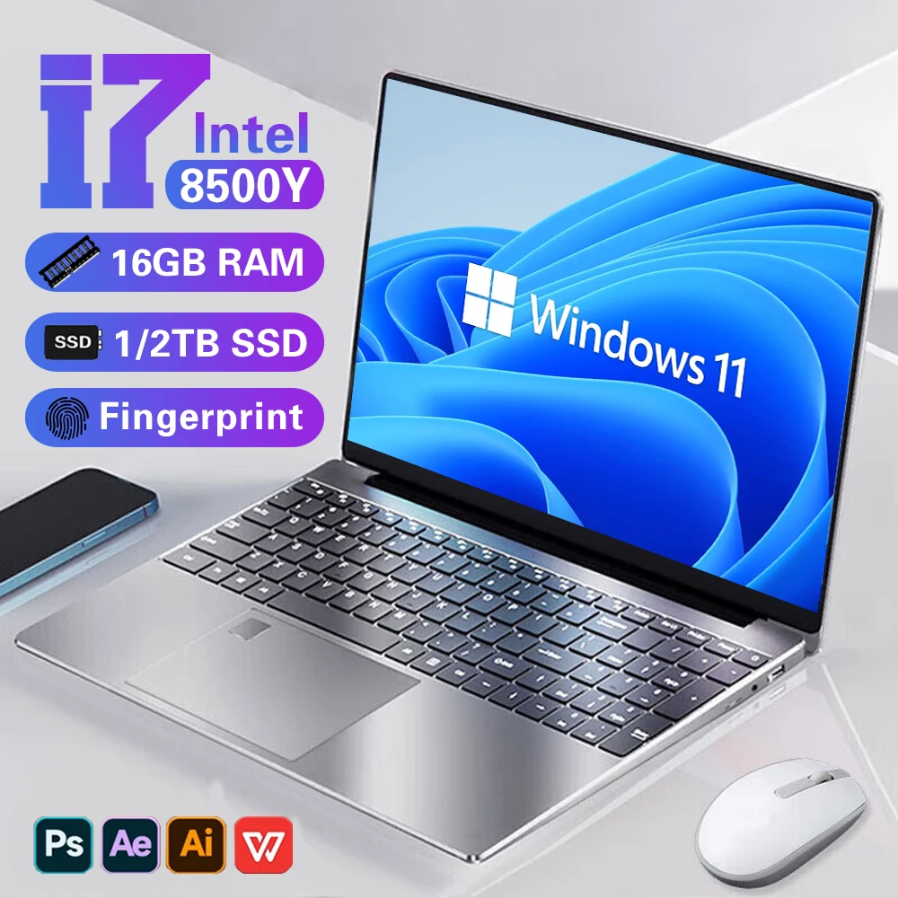 Portable Laptop Computer PC Windows 11 Intel Core i7 8500Y 15.6 Inch 16GB DDR 1TB SSD Office Laptops Fingerprint Unlock Notebook