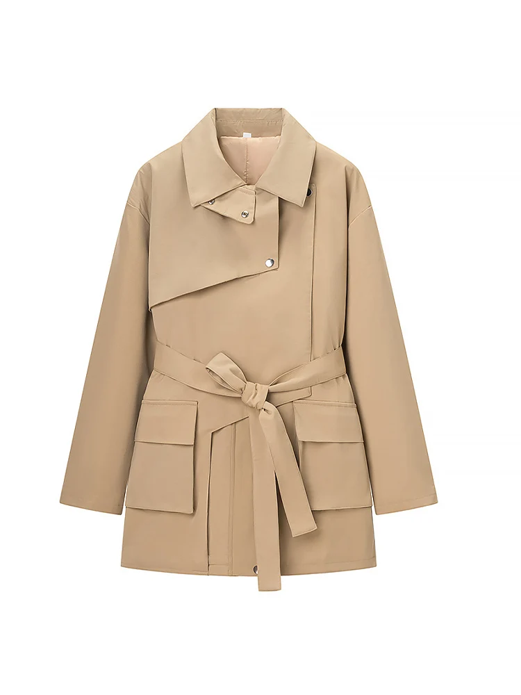 معطف نسائي جديد على الطراز الأوروبي متعدد الاستخدامات وأنيق بلون سادة كاجوال عالي التحمل متوسط الطول