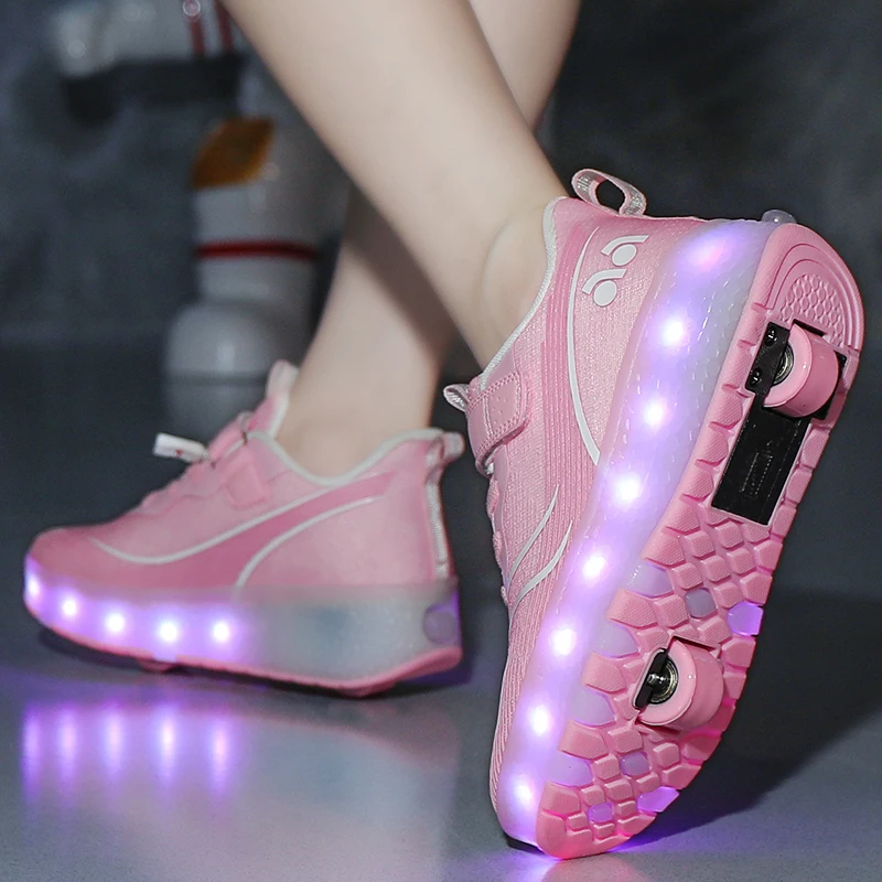 Pattini a rotelle traspiranti in rete scarpe da passeggio per bambini ruote doppie pattini a rotelle luminosi ricaricabili per studenti adolescenti