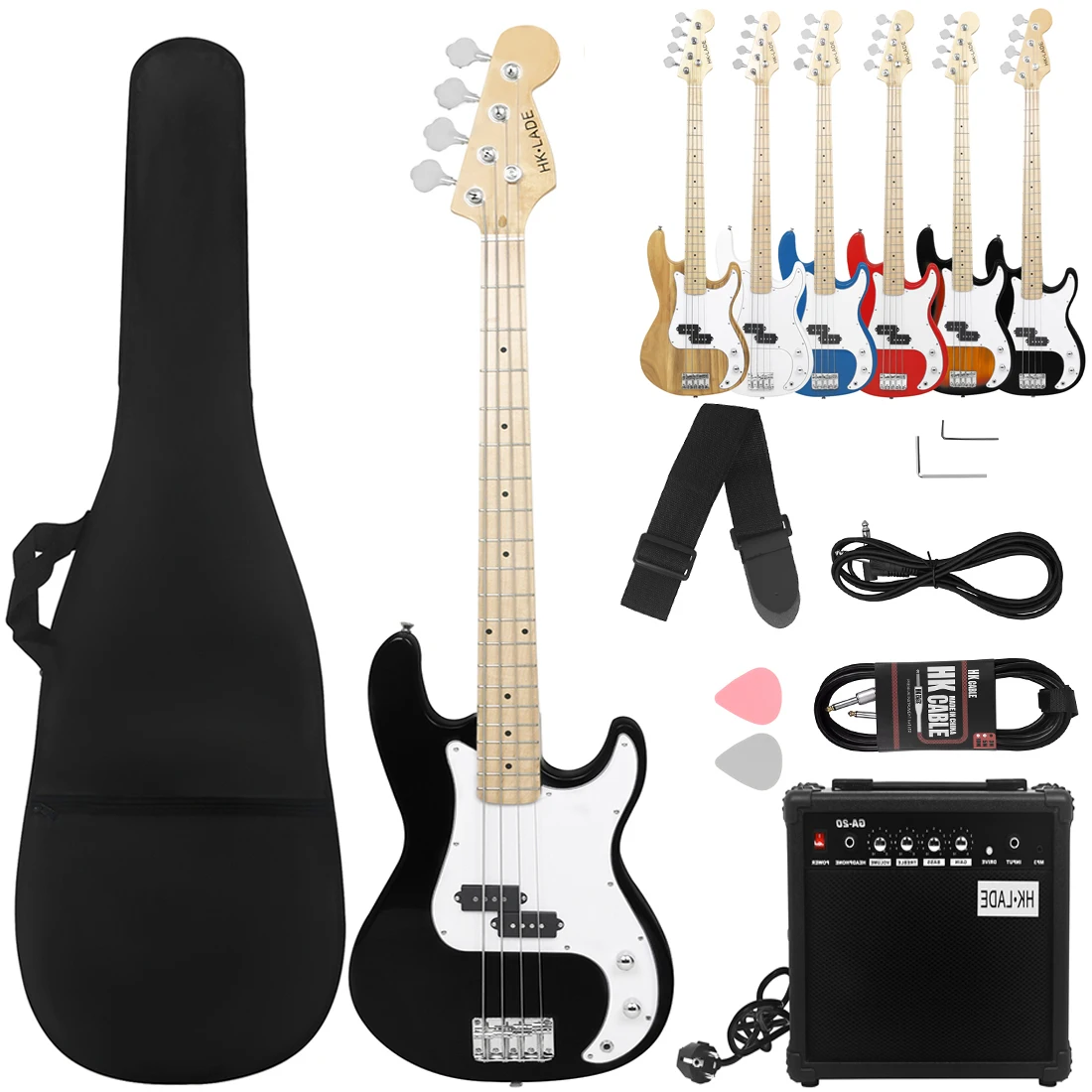 

Black HK-LADE Electric Bass Guitar Set HK-02 Maple Fretboard 20 Frets Bass Guitar Set with Bag Strap Amplifier Picks Accessories