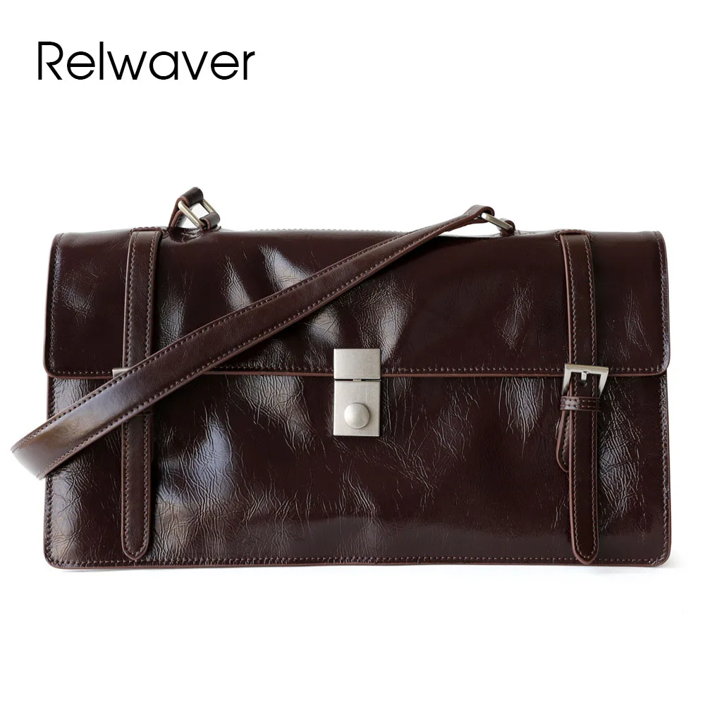 Relwaver women shoulder bag waxy genuine cow leather bags 2025 spring summer accordion side flap fashion big handbags