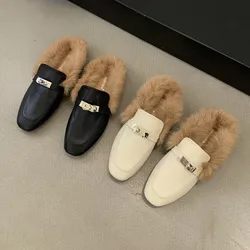 2024 Winter women's closed toe warm slippers Baotou slippers for women fashion cork fur shoes women