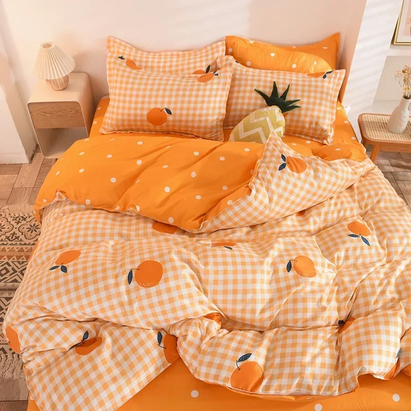 Orange Bedding Set Floral Cute Girl Boys Bed Linen Sheet Plaid Duvet Cover Pillowcase No Filling Single Double King Home Textile