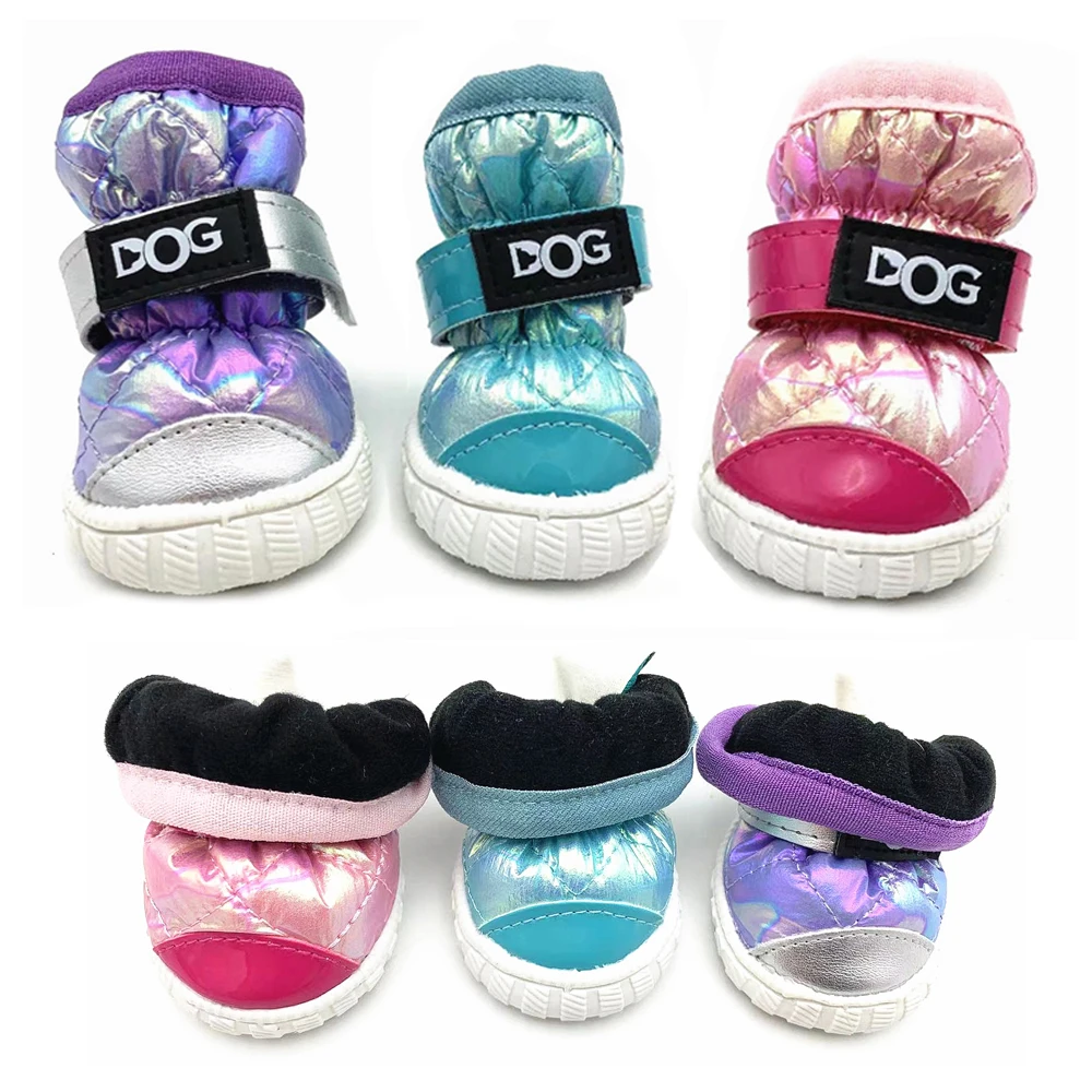 Snow Boots for Dogs Waterproof Thicken Fleece Lining 4PCS Winter Dog Shoes for Small Dog Soft Rubber Sole Anti-Slip Pet Booties