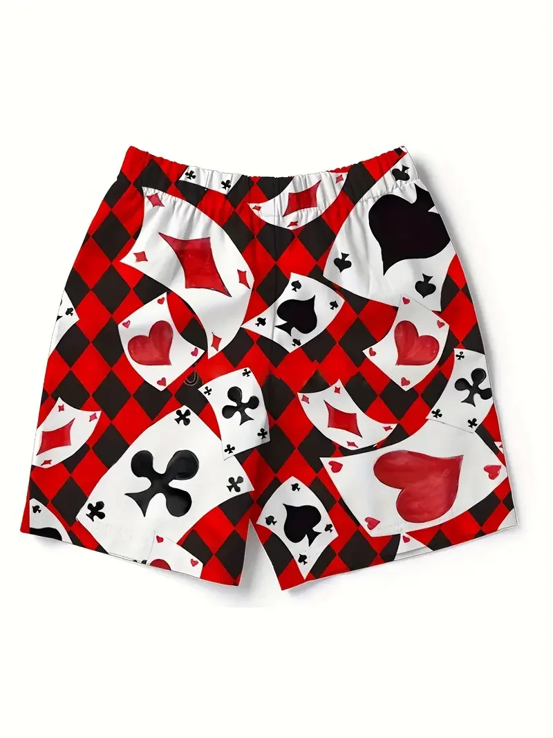 Men's beach shorts Red and White Poker patterns 3D Printed  Board Shorts Summer Swim Trunks Elastic Waist Drawstring Hawaiian