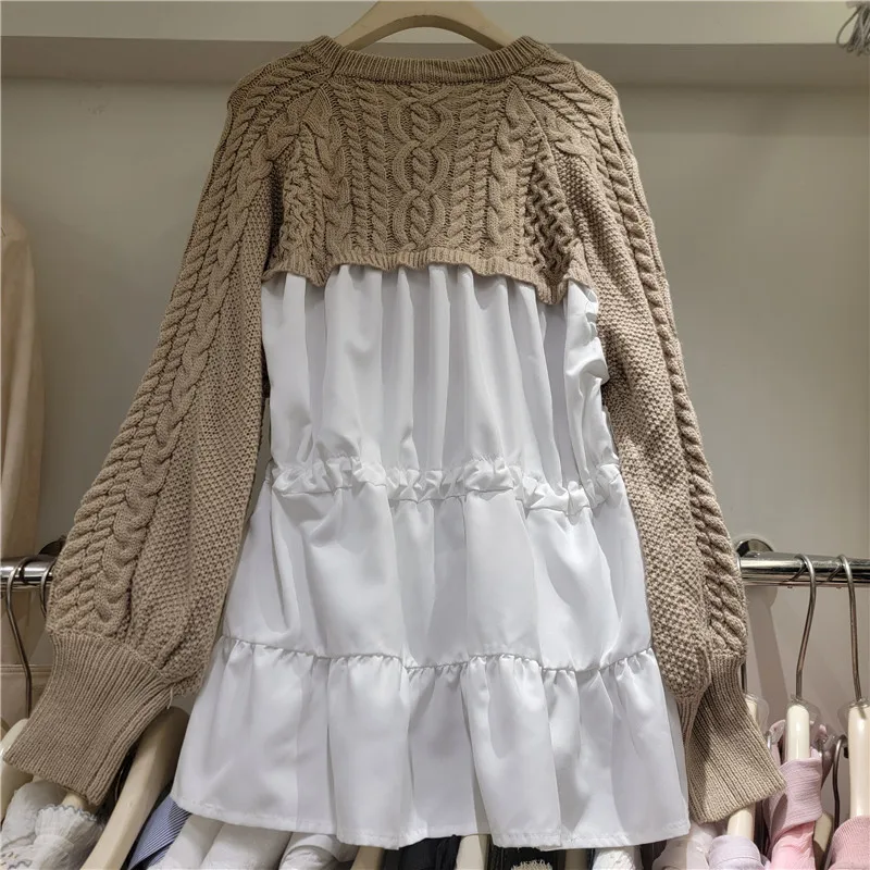 SuperAen تويست سترة الربط قميص المرأة تصميم وهمية قطعتين الخصر الرباط فضفاض البلوز محبوك سترة