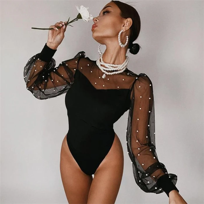 

Женский комбинезон-боди с высокой талией, укороченные брюки, повседневный стиль, тонкий, с бисерной отделкой, из сетчатой ткани, осенняя коллекция