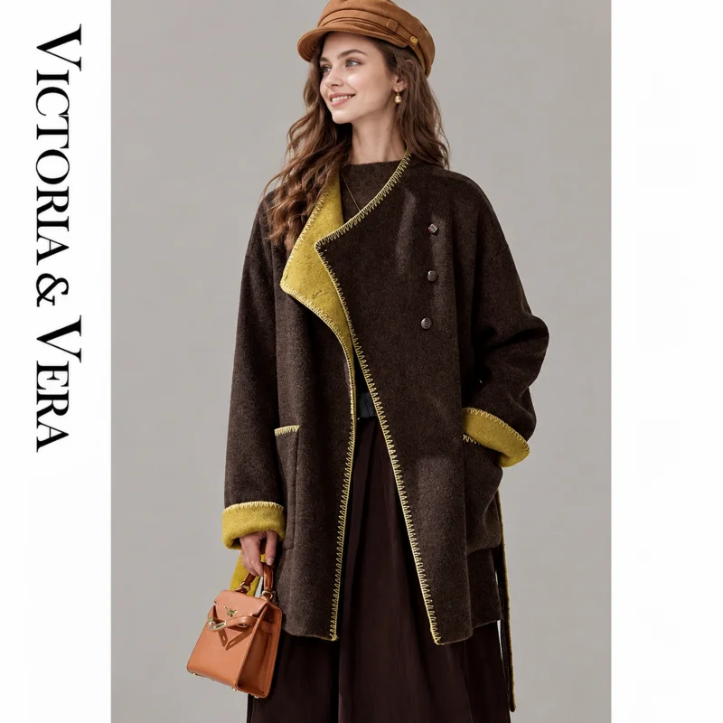 Women's Asymmetric Collar Belted Mid Length Coat, Contrast Stitch Loose Fit Winter Overcoat