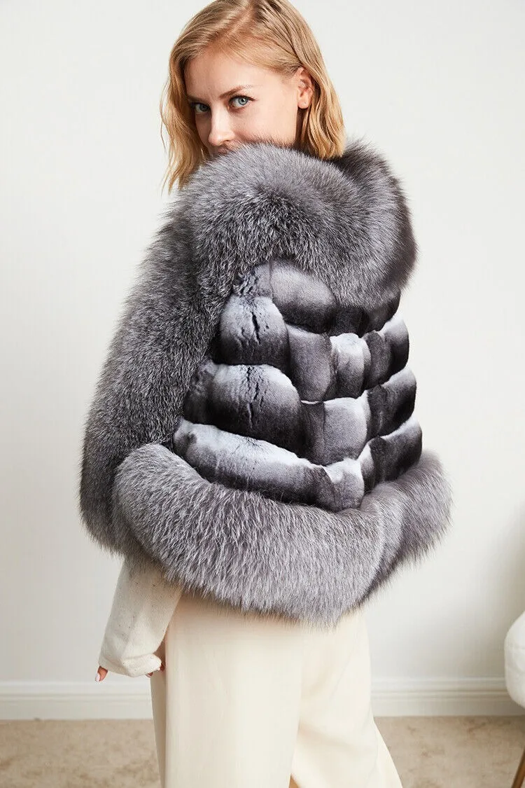 Women Real Rex Rabbit Fur Banquet Shawl Chinchilla Cape Poncho With Real Fox Fur genuine fur coats thickened warmth fluffy