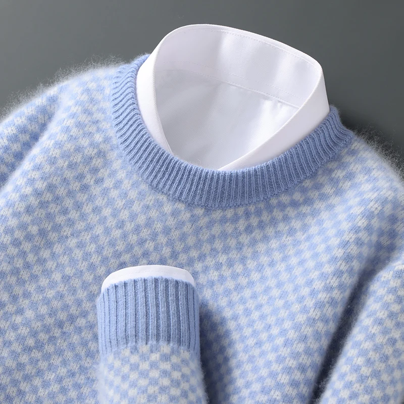 100% Merino Wool Men's Round-neck Checkered Pattern Pullover Autumn Winter Casual Fashionable Cashmere Knitted Sweater